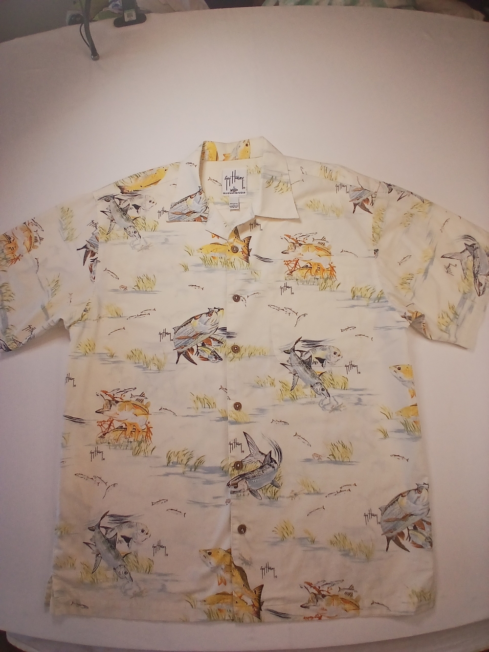 Guy Harvey Cream Short-Sleeve Fisherman Print Button-Down Shirt